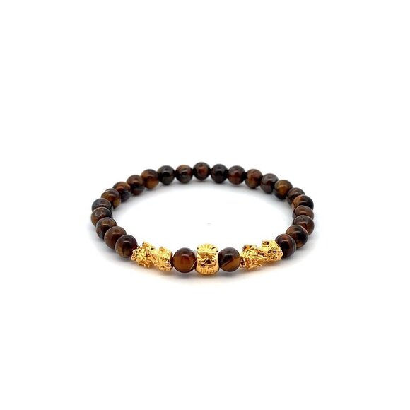 RAFANTHIA Jewelry - 18K Gold Dragon Pixiu Double Piyao Money Bag Charm Bracelet Tiger's Eye Gemstone